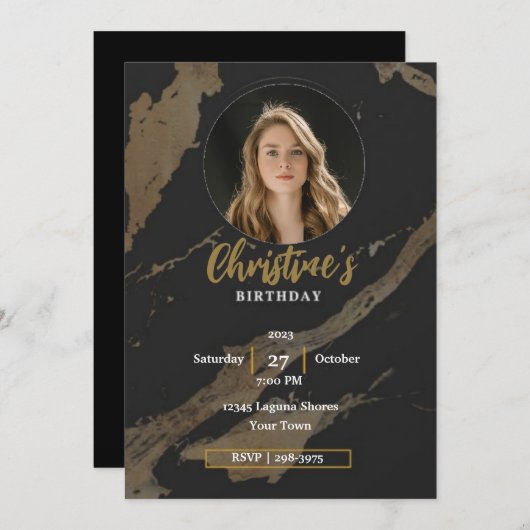 エレガント金ゴールドと黒の写真 |大人の誕生日 招待状 (正面/裏面)