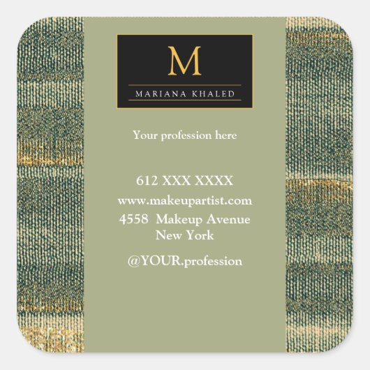 エレガント金ゴールドと黒の緑のブラシ スクエアシール (正面)