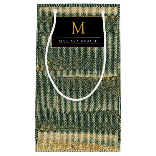 エレガント金ゴールドと黒の緑のブラシ スモールペーパーバッグ (正面)