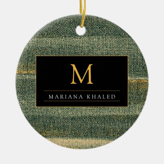 エレガント金ゴールドと黒の緑のブラシ セラミックオーナメント (正面)