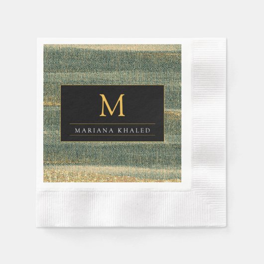 エレガント金ゴールドと黒の緑のブラシ 縁ありカクテルナプキン (正面)