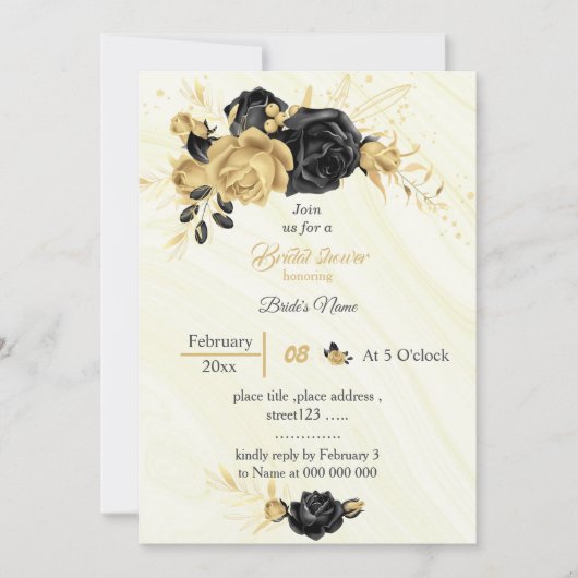 エレガント金ゴールドと黒の花ブライダルシャワー 招待状 (正面)