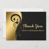 エレガント金ゴールドと黒フローラ結婚の サンキューカード (正面)