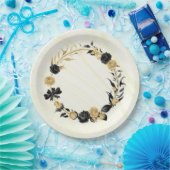 エレガント金ゴールドと黒フローラ ペーパープレート (パーティー)