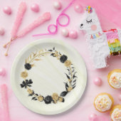 エレガント金ゴールドと黒フローラ ペーパープレート (パーティー)