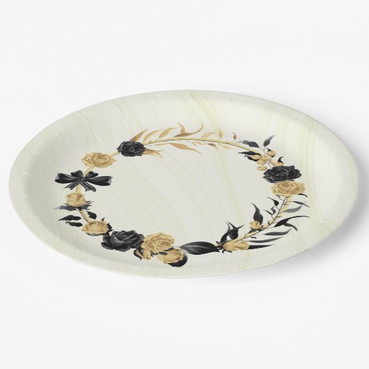 エレガント金ゴールドと黒フローラ ペーパープレート (アングル)