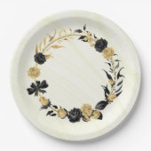 エレガント金ゴールドと黒フローラ ペーパープレート (正面)
