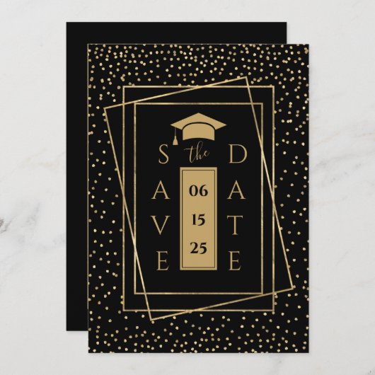 エレガント金ゴールドと黒卒業 案内状 (正面/裏面)