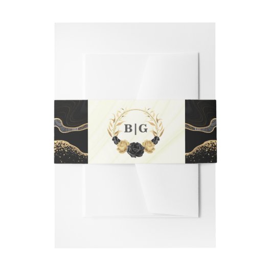 エレガント金ゴールドと黒結婚花 招待状ベリーバンド (正面例)