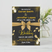 エレガント金ゴールドと黒(白フローラ付結婚) 招待状 (スタンド正面)