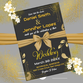 エレガント金ゴールドと黒(白フローラ付結婚) 招待状