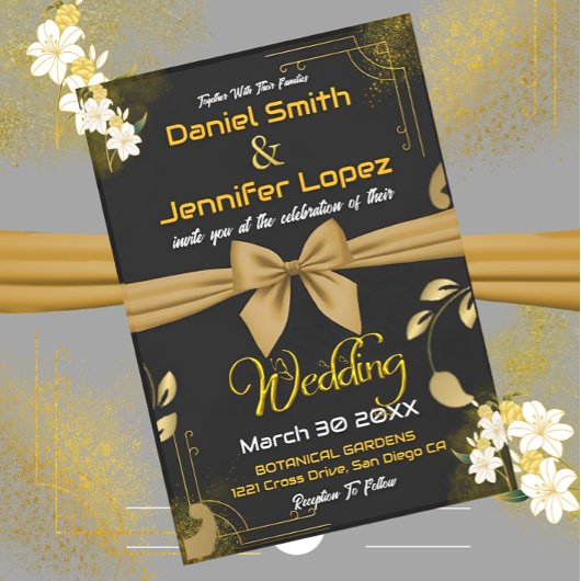 エレガント金ゴールドと黒(白フローラ付結婚) 招待状