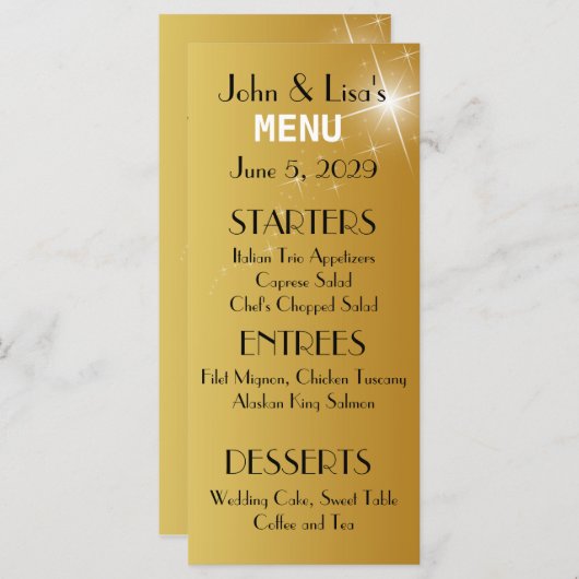 エレガント金ゴールドのメ結婚ニュー・カーカスタムド・ラック・カード メニュー (正面/裏面)