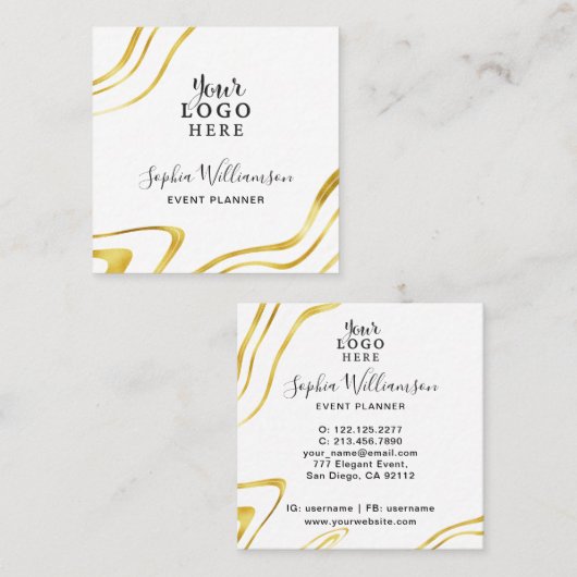 エレガント金ゴールドのロゴの白 スクエア名刺 (正面/裏面)