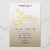 エレガント金ゴールドの書結婚跡 箔招待状 (正面)