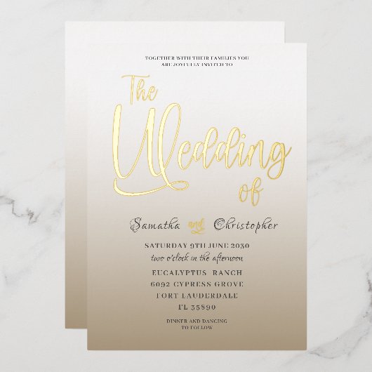 エレガント金ゴールドの書結婚跡 箔招待状 (正面/裏面)