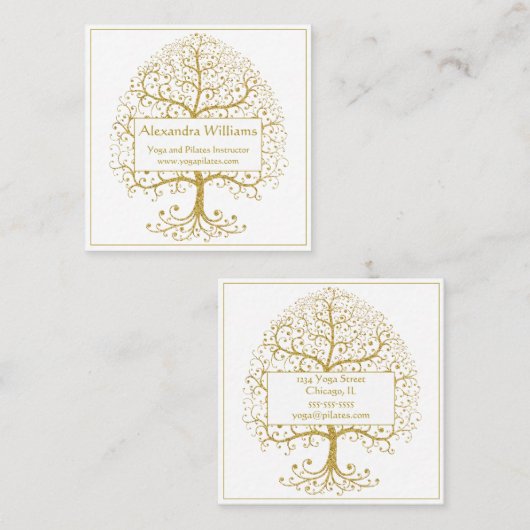 エレガント金ゴールドの白いパーソナライズされた木 スクエア名刺 (正面/裏面)