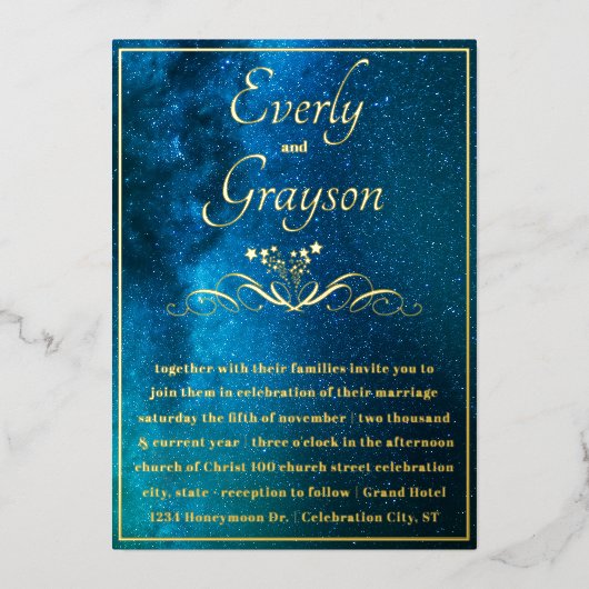 エレガント金ゴールドの結婚妖精の灯りは 箔招待状 (正面)