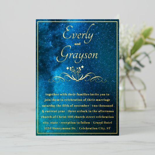 エレガント金ゴールドの結婚妖精の灯りは 箔招待状 (立ち正面)