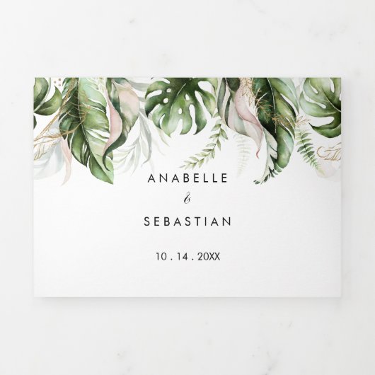 エレガント金ゴールドの緑の書道結婚の 三つ折り招待状 (カバー)