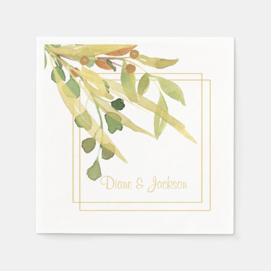 エレガント金ゴールドの葉の水の色のフレーム スタンダードカクテルナプキン (正面)