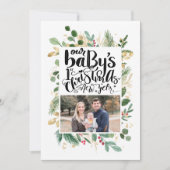 エレガント金ゴールドの葉の緑のベビー初めてのクリスマス シーズンカード (正面)