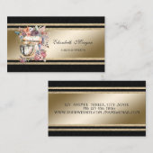 エレガント金ゴールドの輝きストライプの黒フローラミキサー 名刺 (正面/裏面)