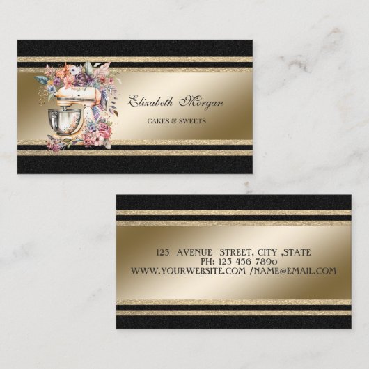 エレガント金ゴールドの輝きストライプの黒フローラミキサー 名刺 (正面/裏面)