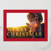 エレガント金ゴールドはっきりしたメリークリスマス赤フレーム写真 箔シーズンカード (正面)