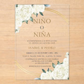 エレガント金ゴールドアイボリーフローラスペインの性別開示 アクリル招待状 (正面)