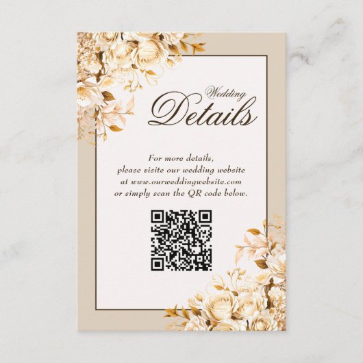 エレガント金ゴールドアイボリーフローラ結婚のQRコード詳細 エンクロージャーカード (正面)