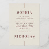 エレガント金ゴールドアイボリーモダン赤面結婚タイポグラフィ 箔招待状 (正面)