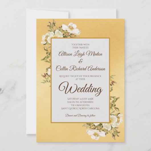 エレガント金ゴールドアイボリーヴィンテージフローララグジュアリー結婚ズ 招待状 (正面)