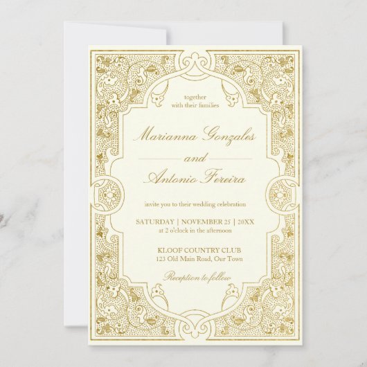エレガント金ゴールドアイボリー華美ヴィンテージ結婚フレーム 招待状 (正面)