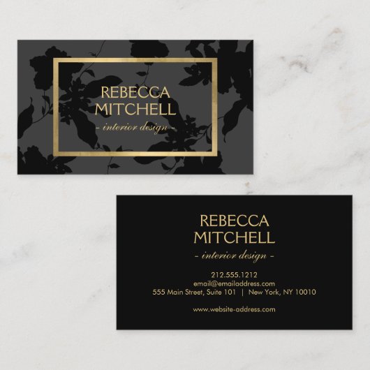 エレガント金ゴールドアクセント付きダークグレーのフローラルパターン 名刺 (正面/裏面)