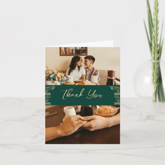 エレガント金ゴールドアールデコは緑、2枚の写結婚真 サンキューカード (正面)