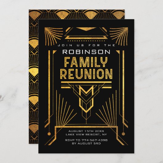 エレガント金ゴールドアールデコファミリ懇親会 招待状 (正面/裏面)