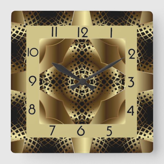 エレガント金ゴールドアールデコ スクエア壁時計 (正面)