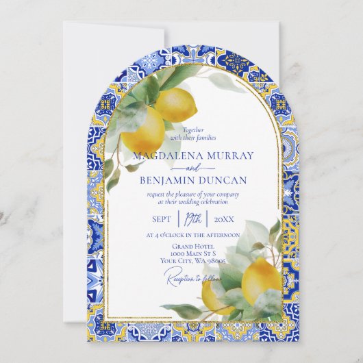 エレガント金ゴールドイタリアンアーチブルータイル結婚レモン 招待状 (正面)