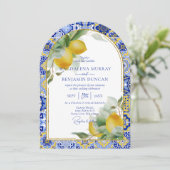 エレガント金ゴールドイタリアンアーチブルータイル結婚レモン 招待状 (スタンド正面)