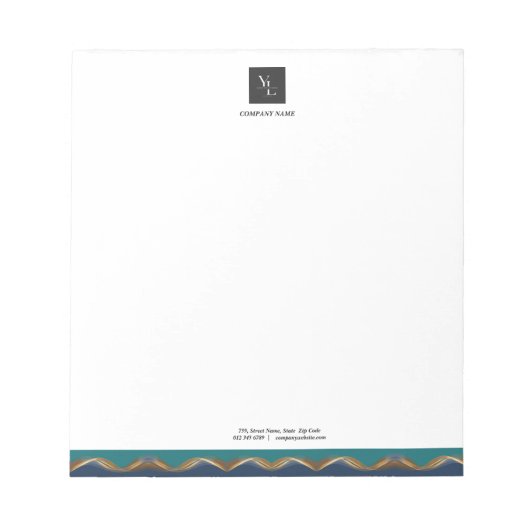 エレガント金ゴールドウェーブブルーティール（緑がかった色）ロゴビジネス ノートパッド (正面)