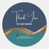 エレガント金ゴールドウェーブブルー&ティール（緑がかった色）ロゴサンキュー ラウンドシール (正面)