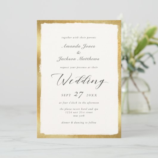 エレガント金ゴールドエッジ半付きスクリプフォーマルト結婚 招待状 (スタンド正面)