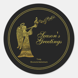 エレガント金ゴールドエンジェルオンブラッククリスマス ラウンドシール