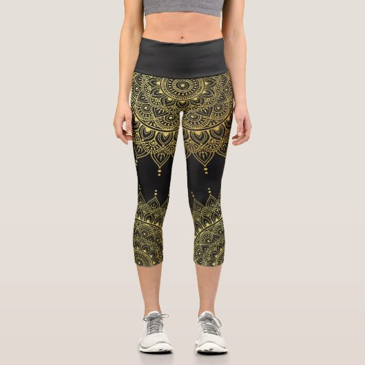 エレガント金ゴールドオンソフトブラックフローラヘナマンダラ カプリレギンス (正面)