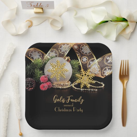 エレガント金ゴールドオン黒クリスマスパーティー ペーパープレート (ウェディング)
