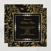 エレガント金ゴールドオン黒ダマスクフローラ誕生会 招待状 (正面/裏面)