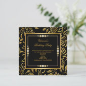エレガント金ゴールドオン黒ダマスクフローラ誕生会 招待状 (スタンド正面)