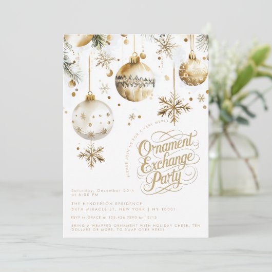 エレガント金ゴールドオーナメント交換クリスマスパーティー 招待状 (スタンド正面)