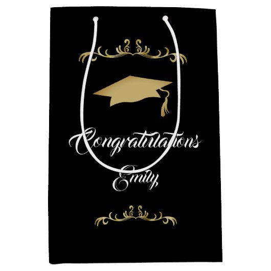 エレガント金ゴールドオーナメント卒業生 ミディアムペーパーバッグ (正面)